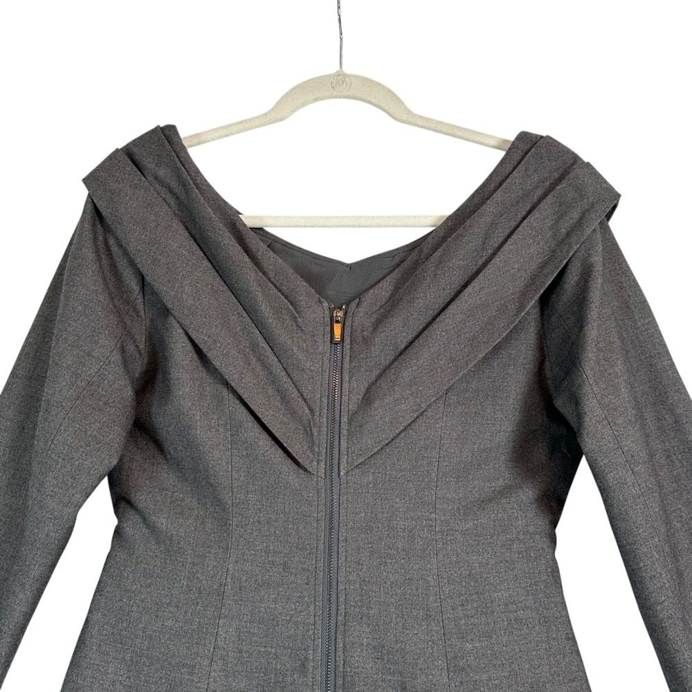 Karen Millen Mini Dress Woven Wool Mix Bardot Draped Off Shoulder Grey 8 Chic - Picture 8 of 12